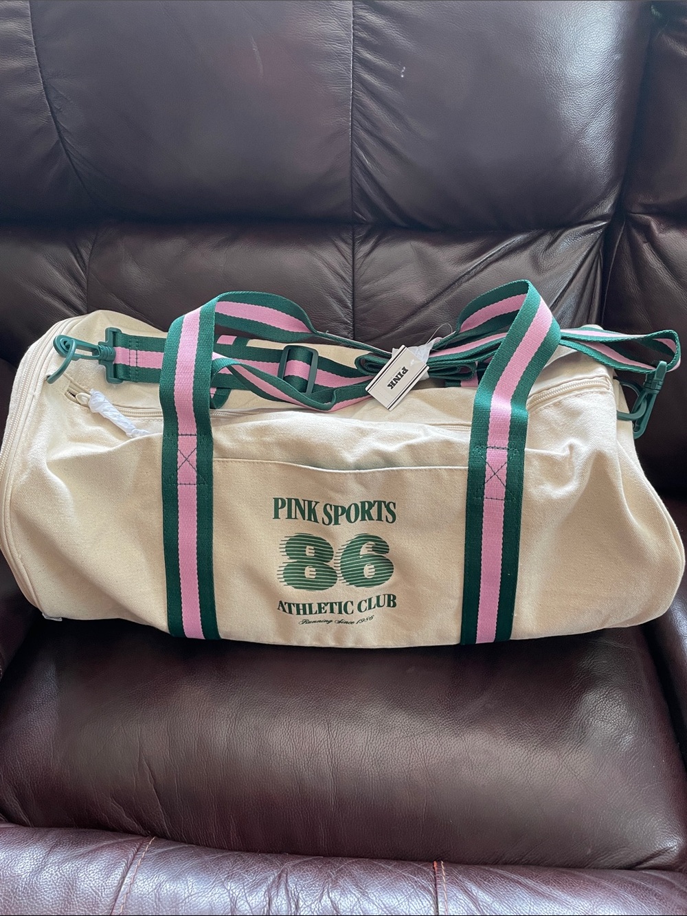 PINK Victoria's Secret Canvas Duffel with Green Logo & Cream Body